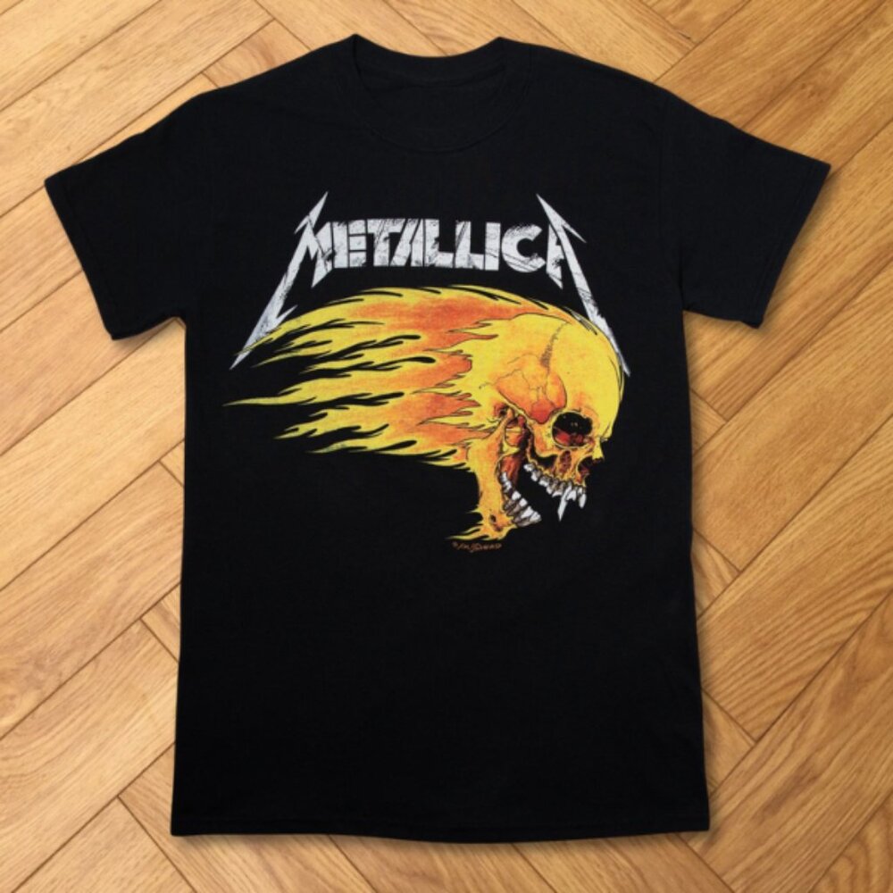 Black Metallica Flaming Skull Graphic Tee Heavy Metal Fire Skull Shirt